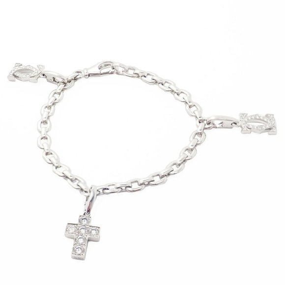 Authentic! Cartier 18k White Gold 3 Charm Bracelet with Diamond Cross Double C's - Picture 2 of 12